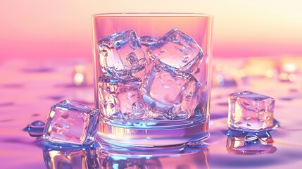 Glass of Ice Cubes on Pink and Purple Reflective Surface