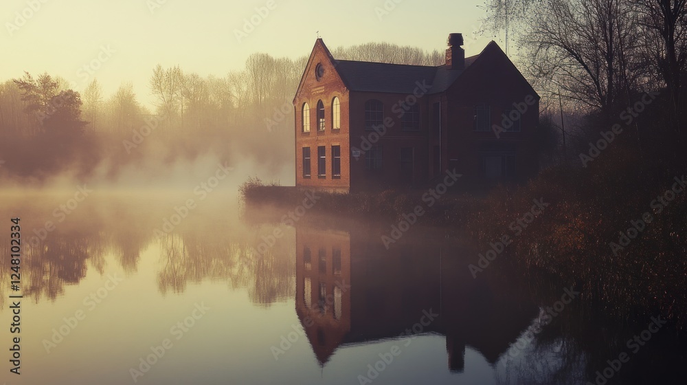 Poster serene misty landscape with a rustic building reflected in calm water.