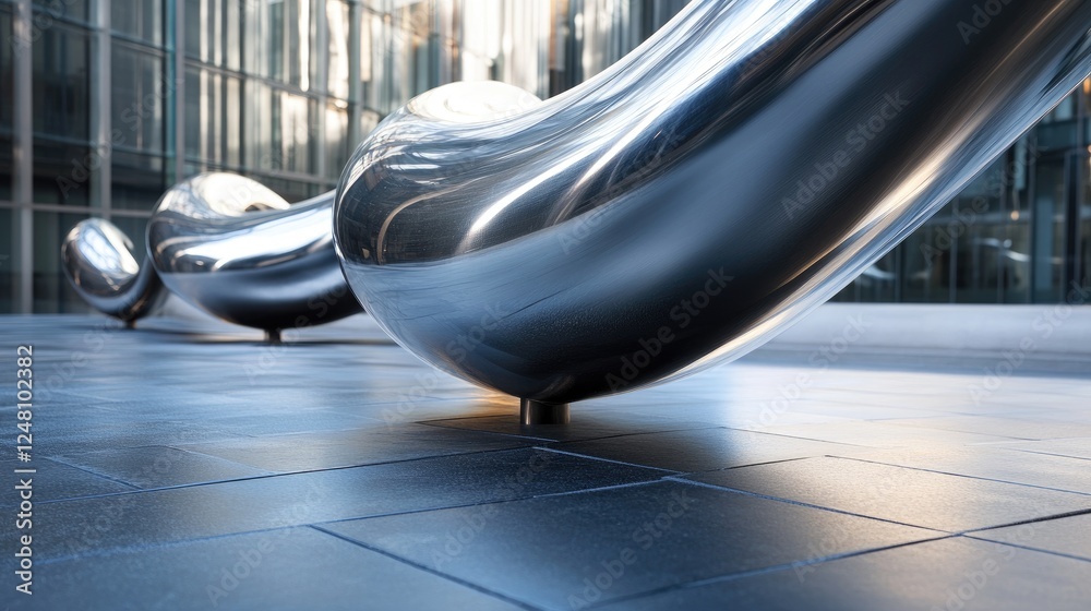 Poster a close-up of a metallic pipe with complex bends, integrated into a modern building setting, with a 