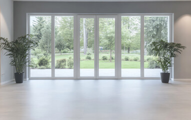 Fototapeta premium Fresh indoor space with large windows offering a view of a serene green garden