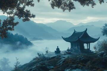 Obraz premium Monk meditating misty mountain temple
