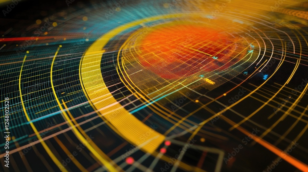 Poster A close-up of a radar chart on a digital screen, highlighting multiple variables and comparisons with grid lines that enhance data analysis and interpretability in business intelligence.