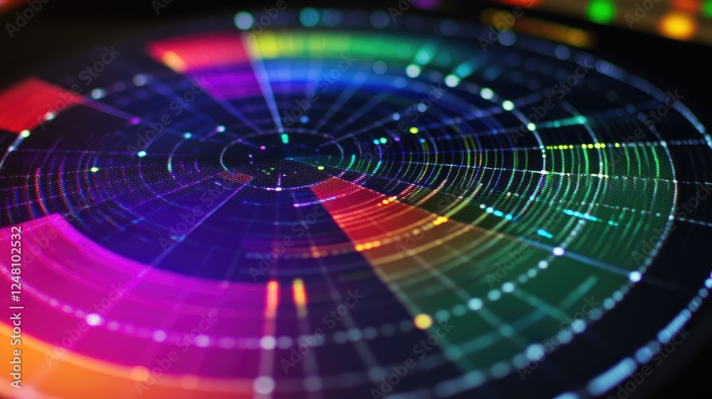 Poster A close-up of a radar chart on a digital screen, highlighting multiple variables and comparisons with grid lines that enhance data analysis and interpretability in business intelligence.
