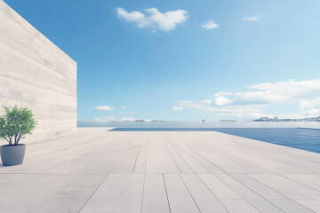 Modern terrace with plant near tranquil water under clear blue sky