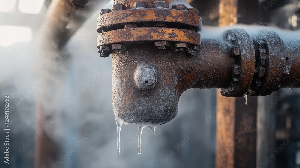 Poster a close-up of a rusted leaking pipe in an industrial environment, with steam and water dripping, sym