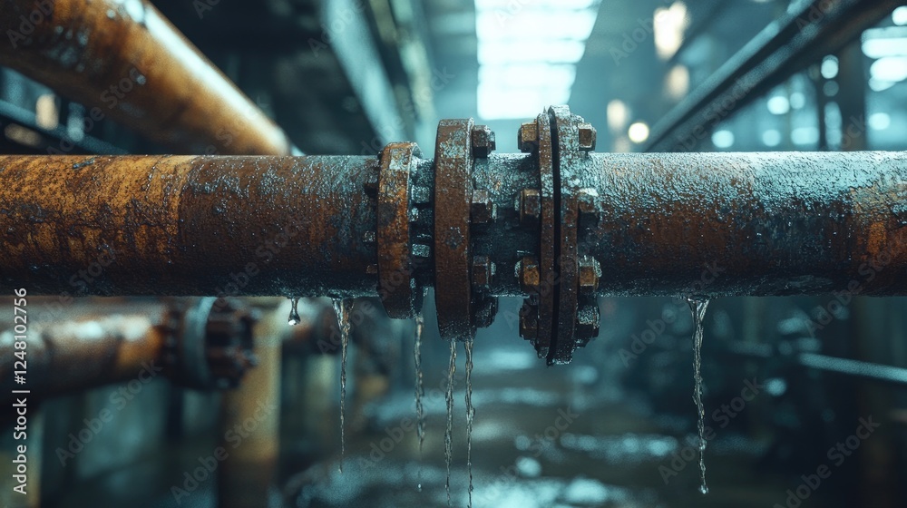 Poster a close-up of a rusted leaking pipe in an industrial environment, with steam and water dripping, sym