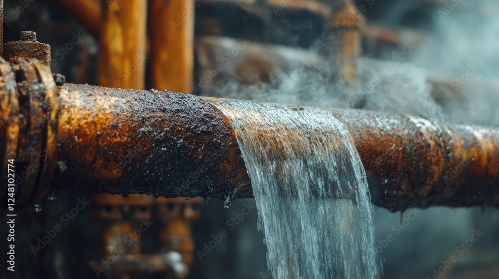 Poster a close-up of a rusted leaking pipe in an industrial environment, with steam and water dripping, sym