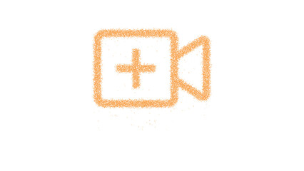 Icon video plus is made of yellow grains of sand. Some grains of sand fall down. Transparent background. Black