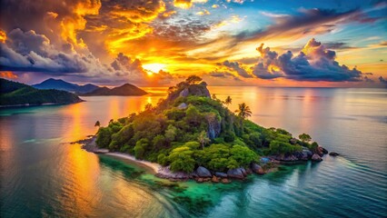 Obraz premium Samui sunset: Drone captures mountaintop tree, its reflection shimmering in the tranquil sea.