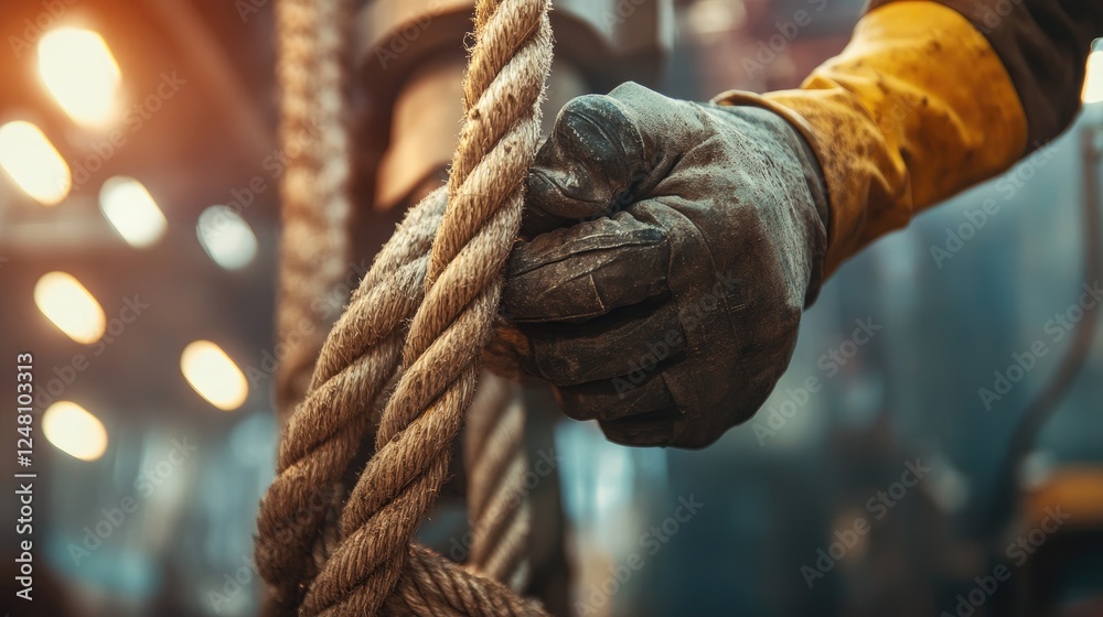 Poster a close-up of a worker gripping a rope tightly in an industrial environment, showcasing the physical