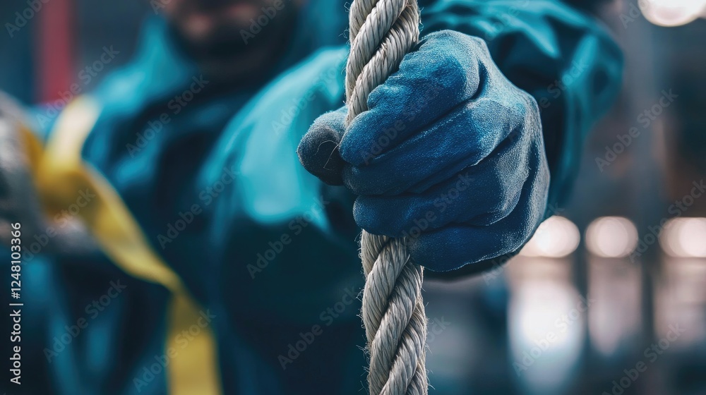 Poster a close-up of a worker gripping a rope tightly in an industrial environment, showcasing the physical