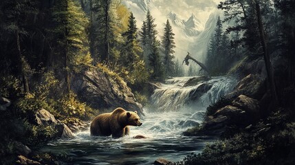 Grizzly bear catching salmon in a rushing river surrounded by dense forest