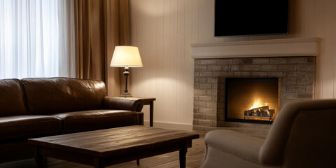 Fototapeta premium Cozy living room with fireplace creating a warm atmosphere during evening hours