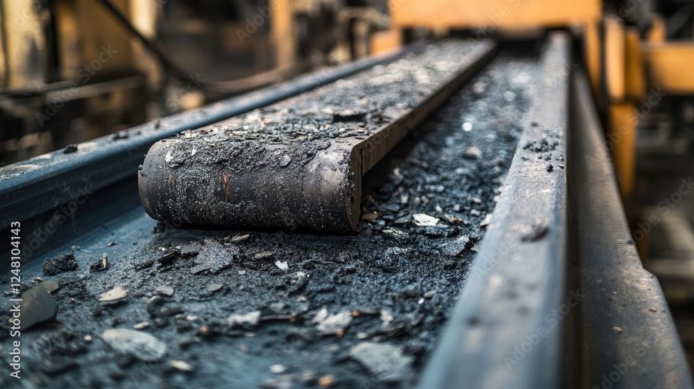 Aufkleber a close-up of a worn conveyor belt showing damage and debris, signaling the need for maintenance to 
