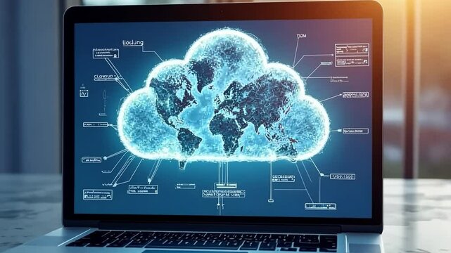 Global Connectivity:  A glowing cloud computing icon, symbolizing interconnectedness and data flow, fills the screen of a modern laptop. The image represents the vast reach and power of the cloud.