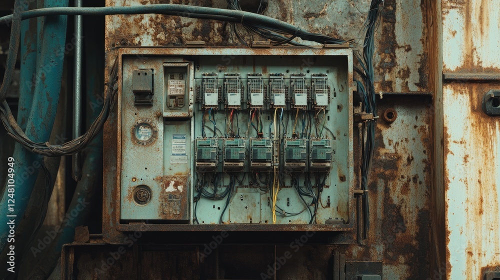 Poster electrical panel with circuit breakers and intricate wiring, mounted on a rusty metal surface, illus