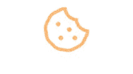 Icon cookie bite is made of yellow grains of sand. Some grains of sand fall down. Transparent background. Black