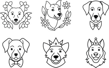 Adorable Dog Portraits Line Art, Floral Crowns, and Bows
