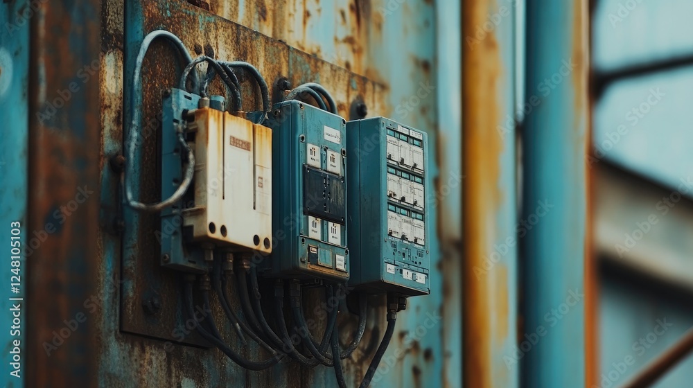 Poster electrical panel with circuit breakers and intricate wiring, mounted on a rusty metal surface, illus