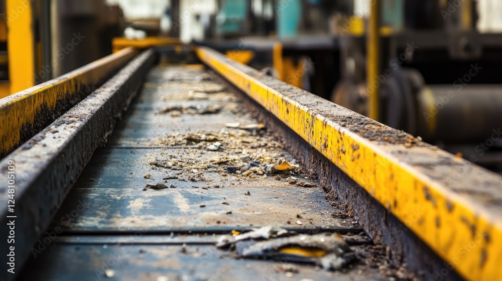 Poster A close-up of a worn conveyor belt showing damage and debris, signaling the need for maintenance to ensure that manufacturing processes continue without delay.