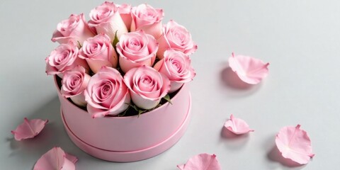 A delicate arrangement of pink roses nestled in a hatbox, adorned with scattered petals on a soft gray surface