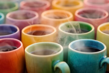 A colorful array of steaming coffee cups with modern shading and subtle textures.