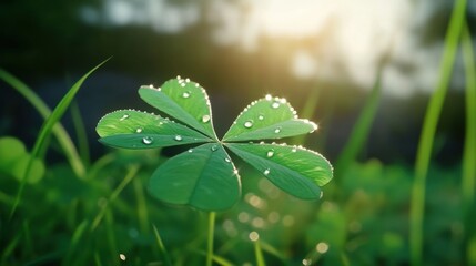 Obraz premium Vibrant green clover with dew drops bathed in golden sunlight, symbolizing luck and renewal in nature's embrace.