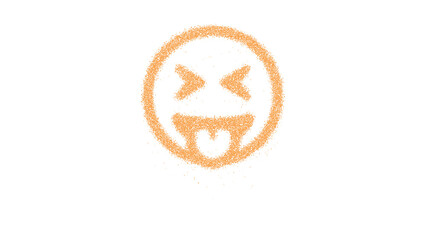 Icon grin tongue squint is made of yellow grains of sand. Some grains of sand fall down. Transparent background. Black