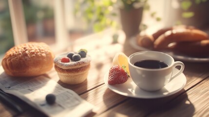 Sunny morning breakfast pastries coffee newspaper