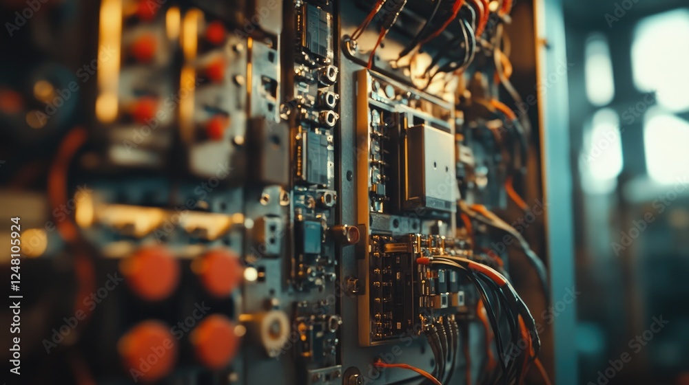Poster a close-up of electrical components in an industrial cabinet, emphasizing the intricate wiring and t