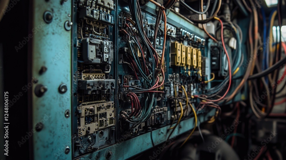 Poster A close-up of electrical relays and complex wiring in a factory, emphasizing the role of automation and precision control in modern industrial manufacturing processes.