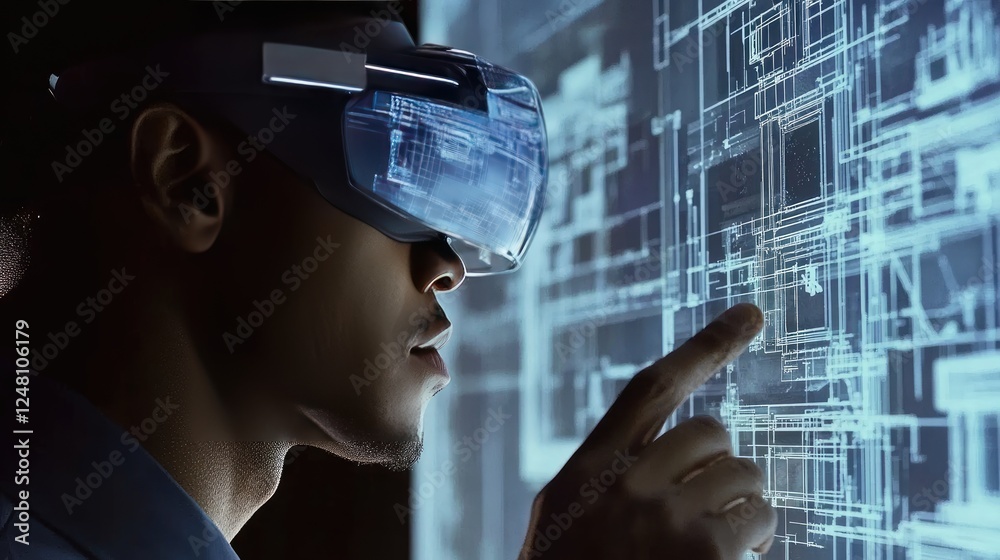 Poster A close-up of an engineer using augmented reality goggles to interact with digital blueprints on a screen, illustrating the future of technology-driven manufacturing and design.