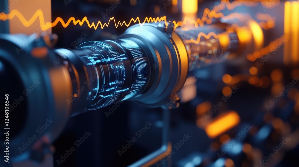 Poster A close-up of high-resolution cables and connectors linking machines, with visual data waveforms above, representing the continuous flow of information in modern industrial processes.