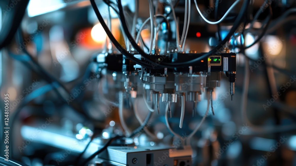 Poster A close-up of high-resolution cables and connectors linking machines, with visual data waveforms above, representing the continuous flow of information in modern industrial processes.