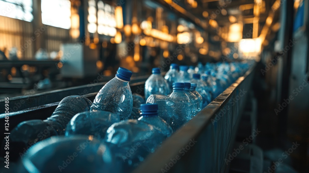 Poster a close-up of plastic bottles being transported on a conveyor belt inside a recycling plant, showcas