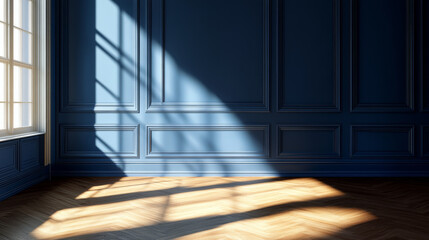 Obraz premium Home or office room interior design with classic panel, light and shadow on blue wall, wooden floor. Realistic 3d vector illustration background of traditional inside architecture molding decoration.