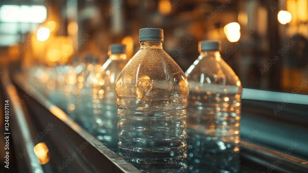 Aufkleber a close-up of plastic bottles being transported on a conveyor belt inside a recycling plant, showcas