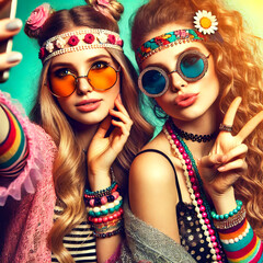 Trendy Caucasian Girls Taking a Playful Selfie &ndash; Funky and Vibrant Vibes 