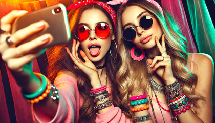 Trendy Caucasian Girls Taking a Playful Selfie &ndash; Funky and Vibrant Vibes 