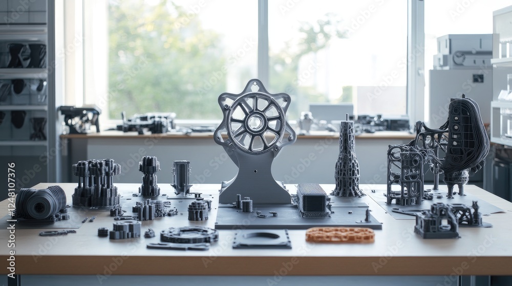 Aufkleber A collection of 3D-printed components ready for assembly, showcasing innovative manufacturing techniques powered by AI design algorithms in a modern industrial workspace.