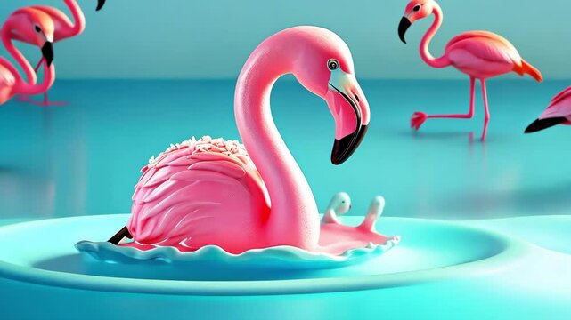 Bright flamingo decoration in a whimsical aquatic setting with vibrant colors and textures