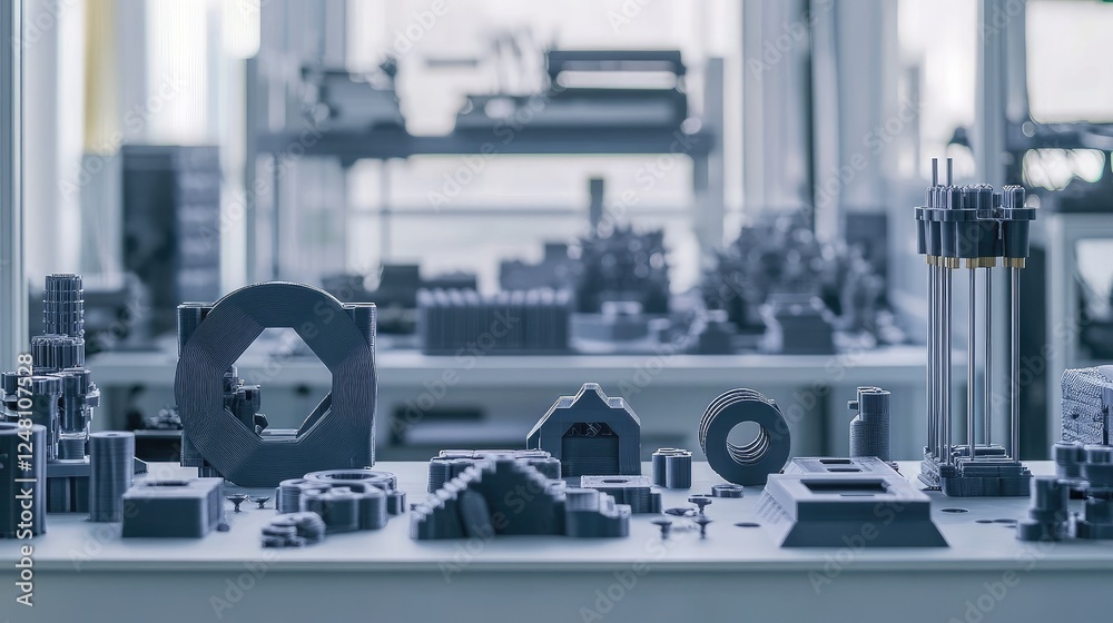 Aufkleber A collection of 3D-printed components ready for assembly, showcasing innovative manufacturing techniques powered by AI design algorithms in a modern industrial workspace.