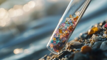 Plastic Pollution on Beach: Microplastics in Test Tube Highlighting Environmental Impact