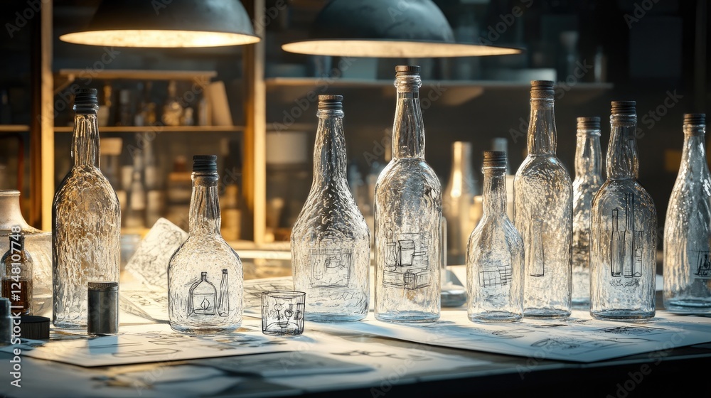 Poster a collection of glass bottles sparkling under factory lighting, showcasing their potential for reuse