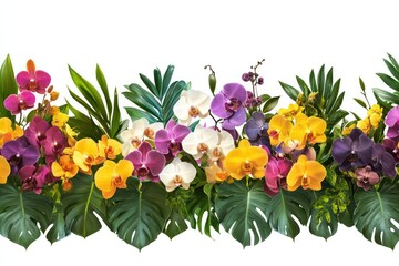 Obraz premium A colorful display of orchids in various hues paired with Monstera leaves and vines, isolated for a decorative design.
