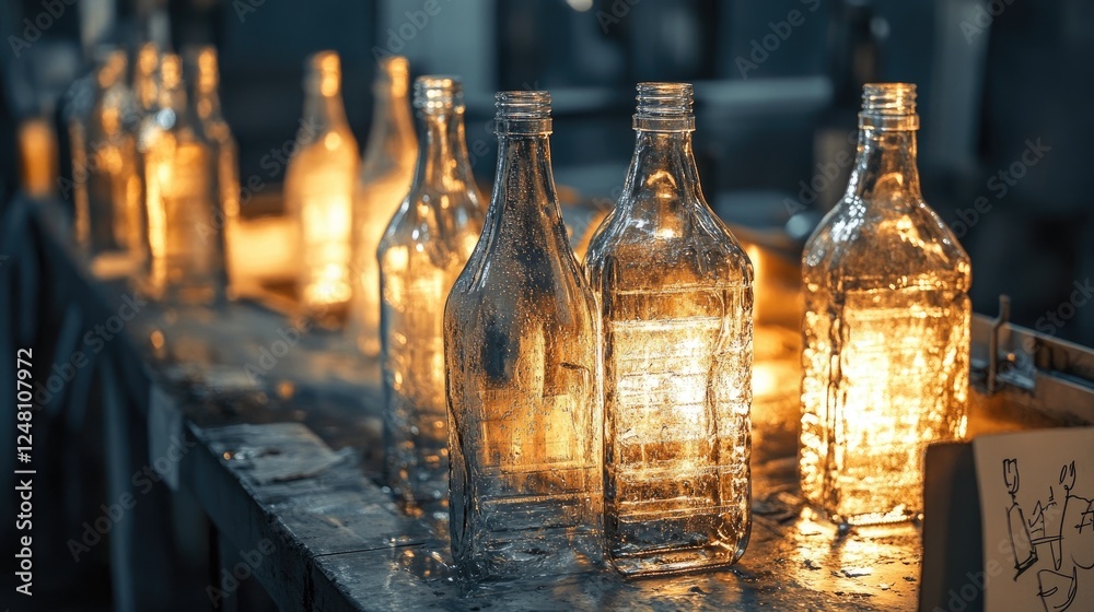 Poster a collection of glass bottles sparkling under factory lights, awaiting transformation into new produ