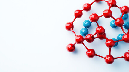 Close-up of molecular structure model with red and blue atoms on white background, conveying scientific innovation.