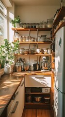 Bright kitchen with a tall pantry cabinet and organized wooden shelves