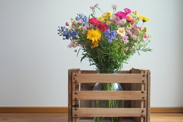 Minimalist vase filled with colorful wildflowers, placed inside a delivery crate