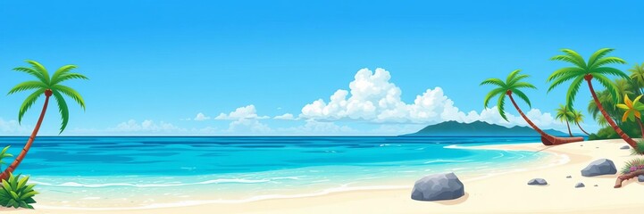 Obraz premium Cartoon illustration of a stunning tropical coast with azure sea and lush plants, beach, ocean, beautiful